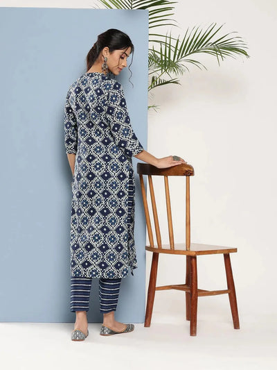 Blue Printed Cotton Straight Kurta - Libas