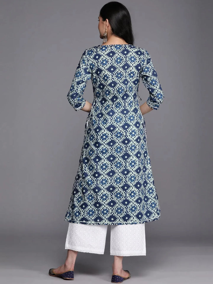 Blue Printed Cotton Straight Kurta - Libas