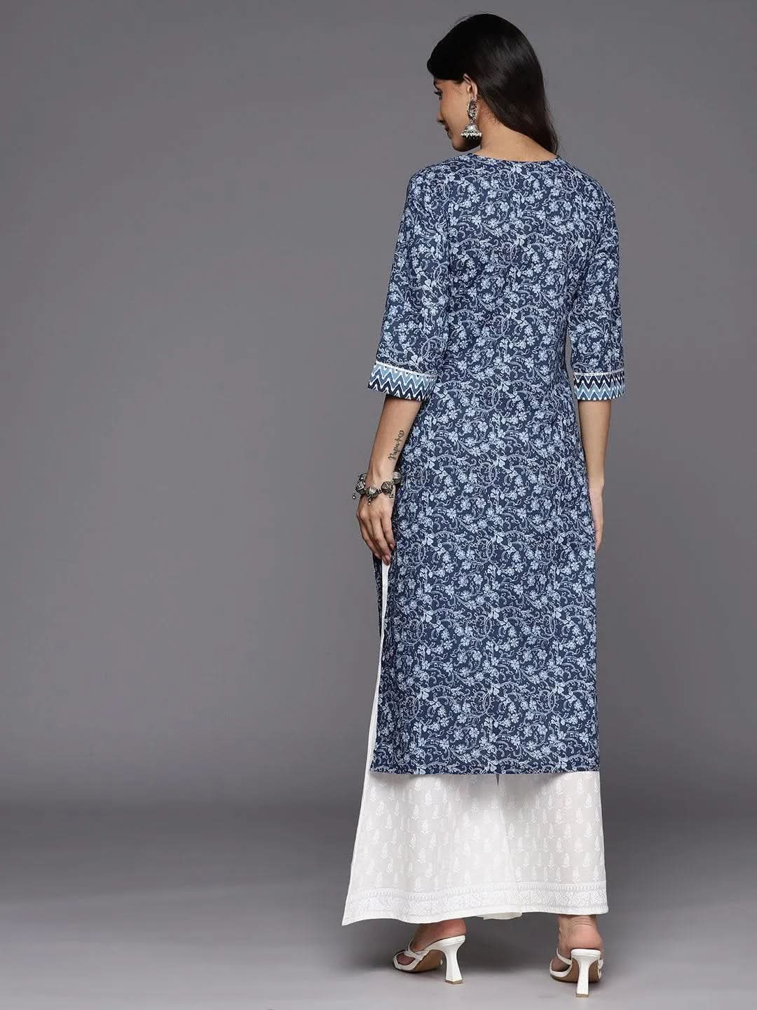 Blue Printed Cotton Straight Kurta - Libas 
