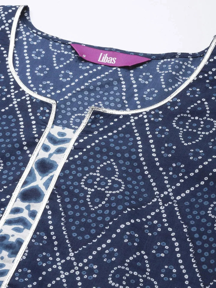 Blue Printed Cotton Straight Kurta - Libas