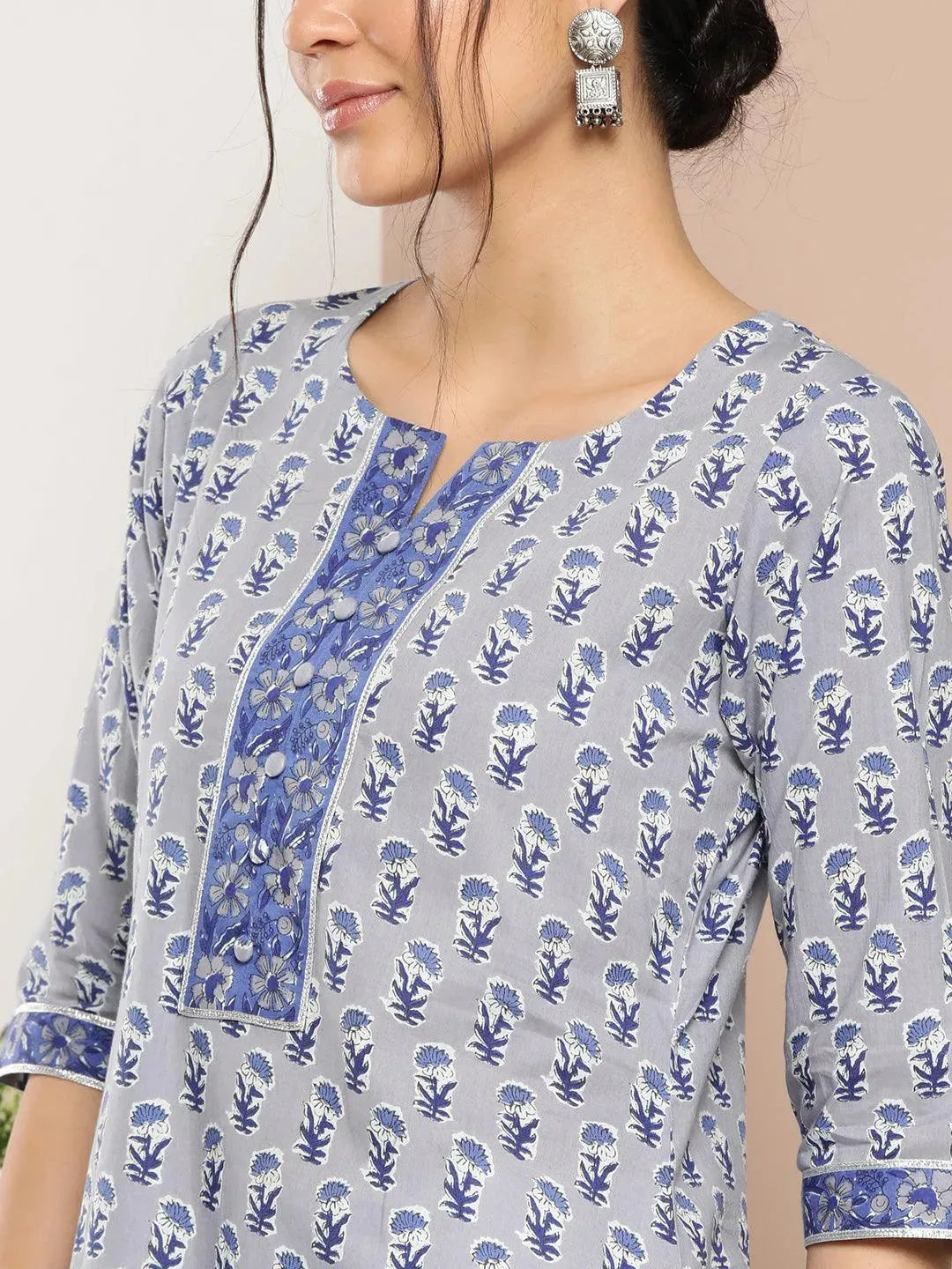 Blue Printed Cotton Straight Kurta - Libas