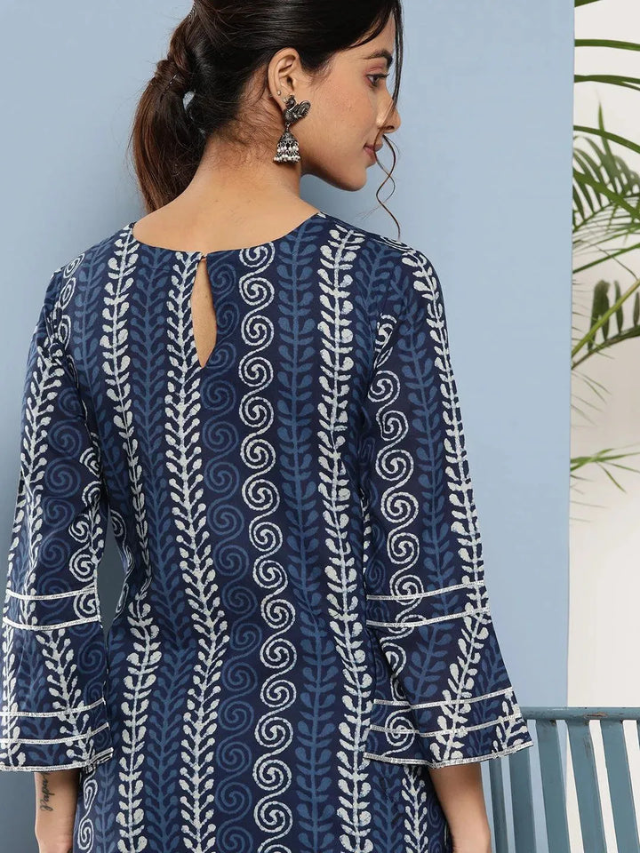 Blue Printed Cotton Straight Kurta - Libas