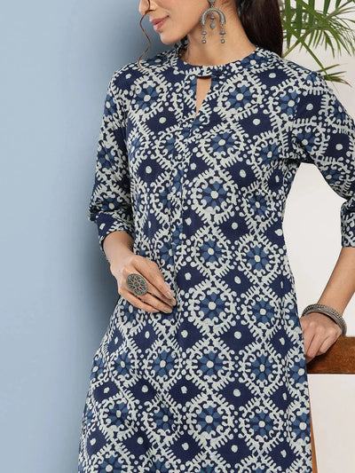 Blue Printed Cotton Straight Kurta - Libas