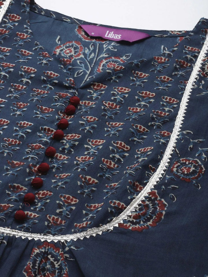 Blue Printed Cotton Straight Kurta - Libas