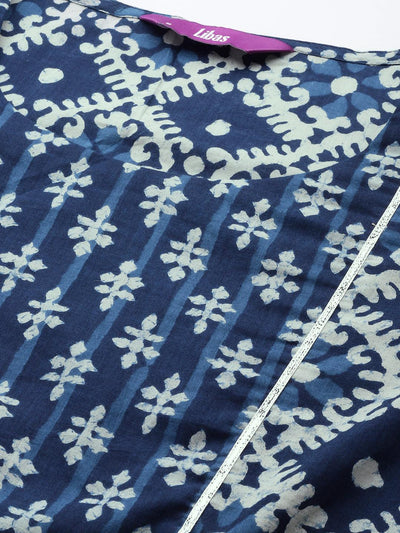 Blue Printed Cotton Straight Kurta - Libas