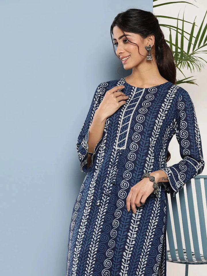 Blue Printed Cotton Straight Kurta - Libas