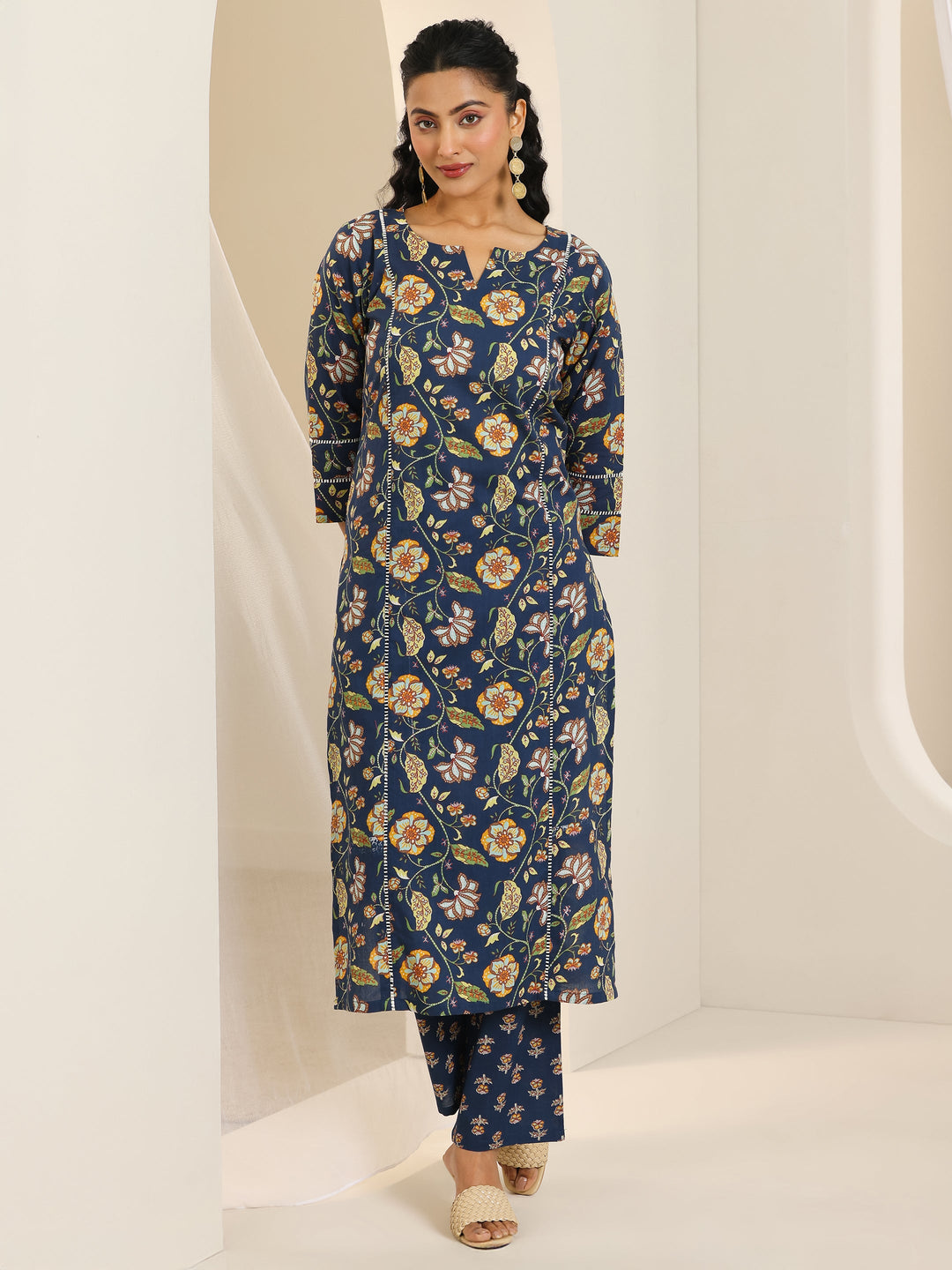  Blue Printed Cotton Straight Kurta Set 