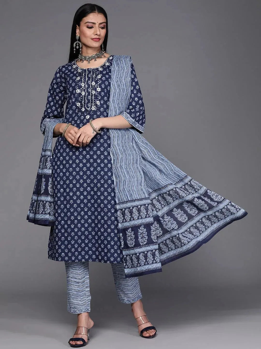 Blue Printed Cotton Suit Set - Libas