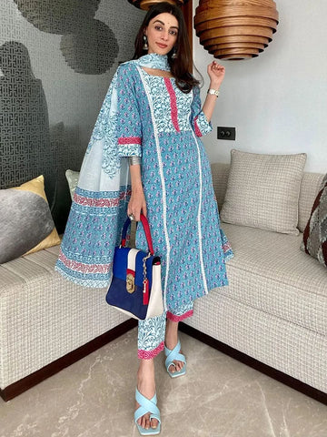 Libas Blue Printed Cotton Straight Suit With Dupatta