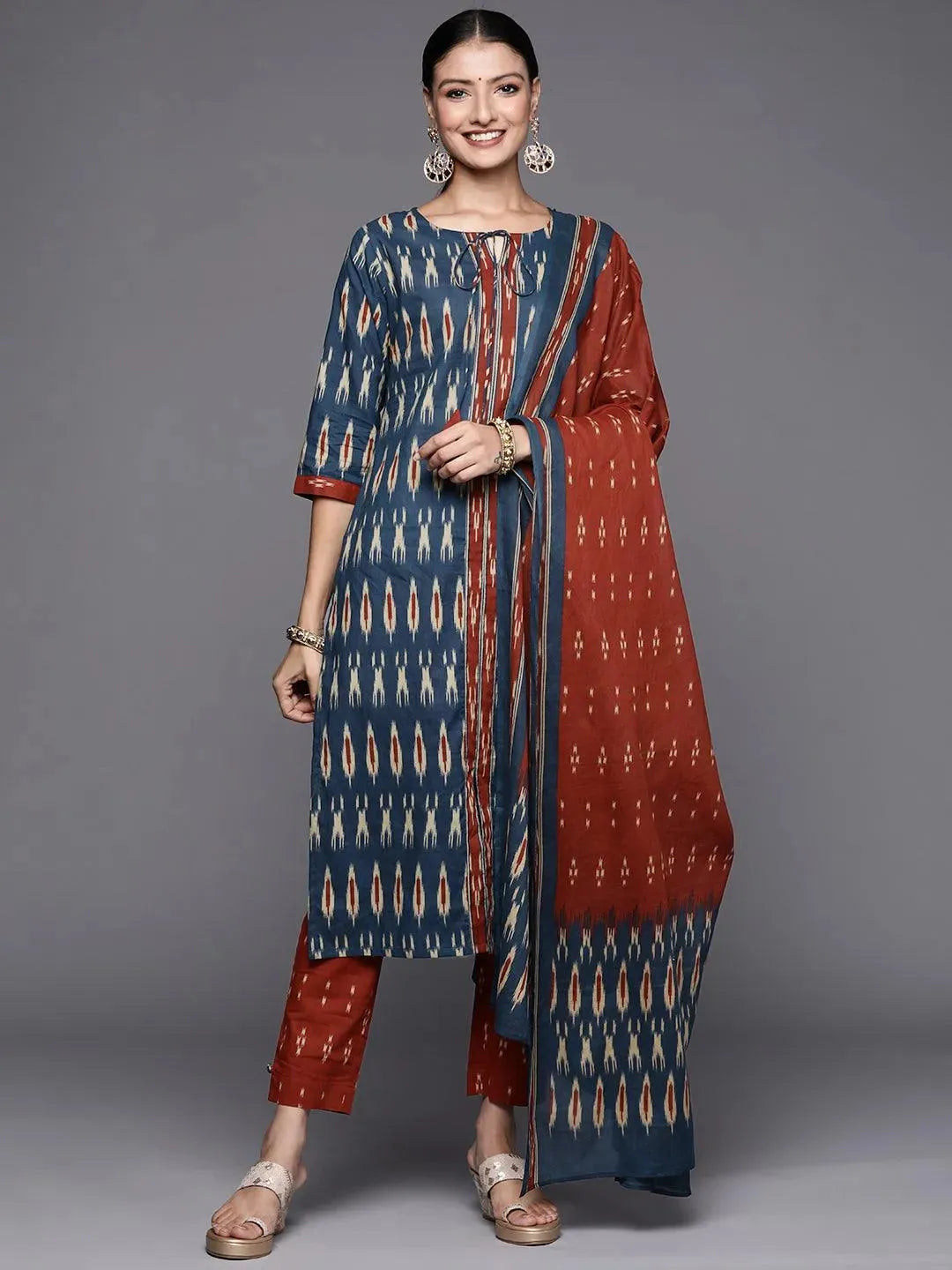 Blue Printed Cotton Straight Suit Set - Libas