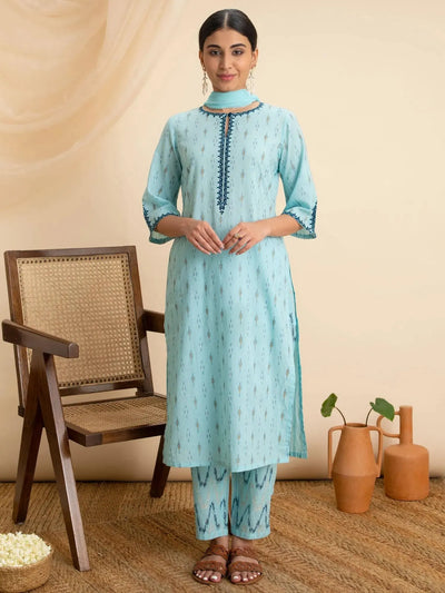 Blue Printed Cotton Suit Set - Libas