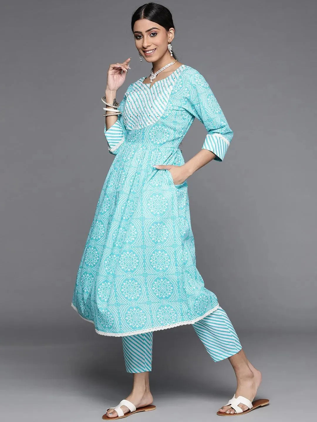 Blue Printed Cotton Suit Set - Libas 