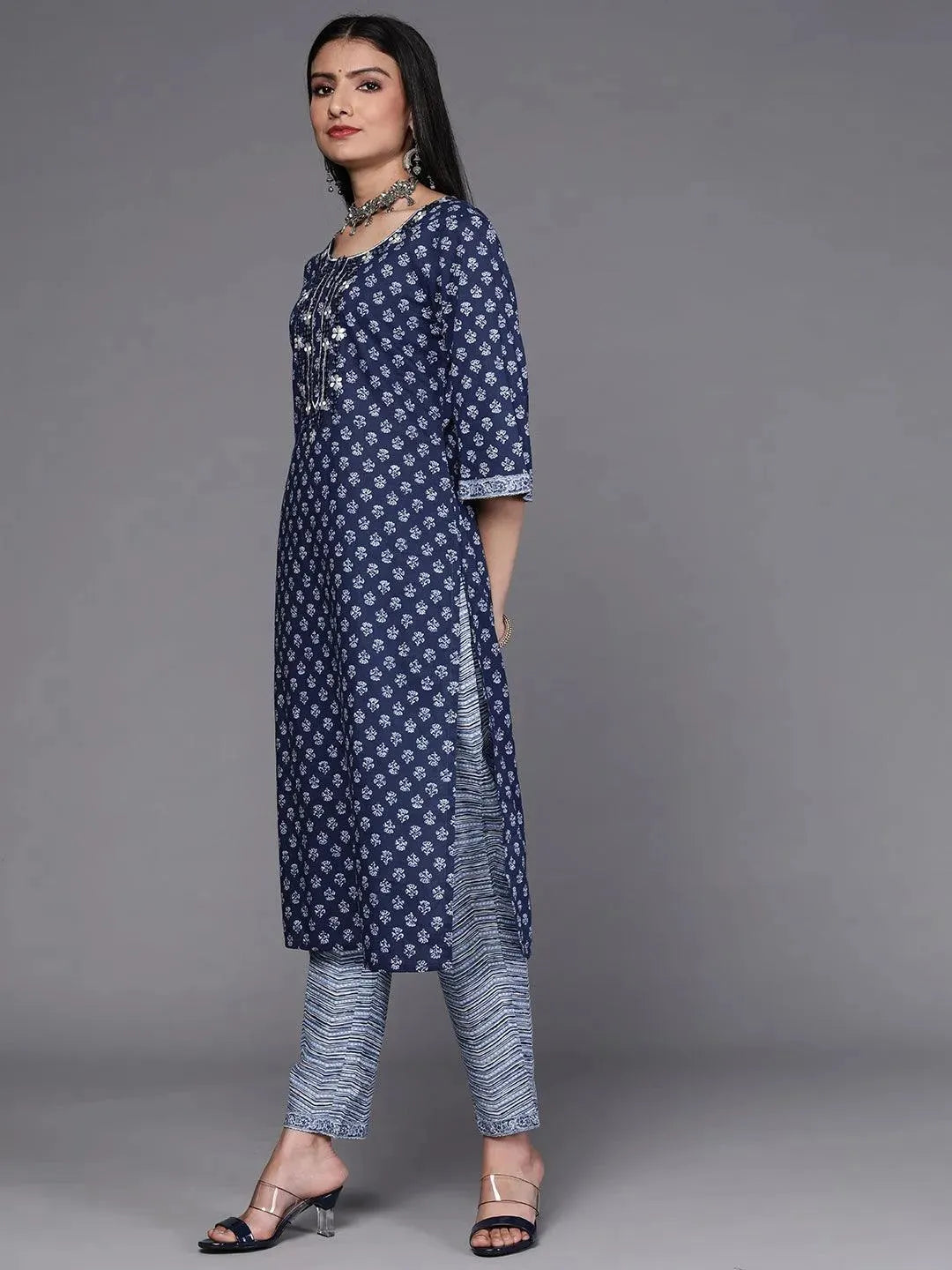 Blue Printed Cotton Suit Set - Libas 