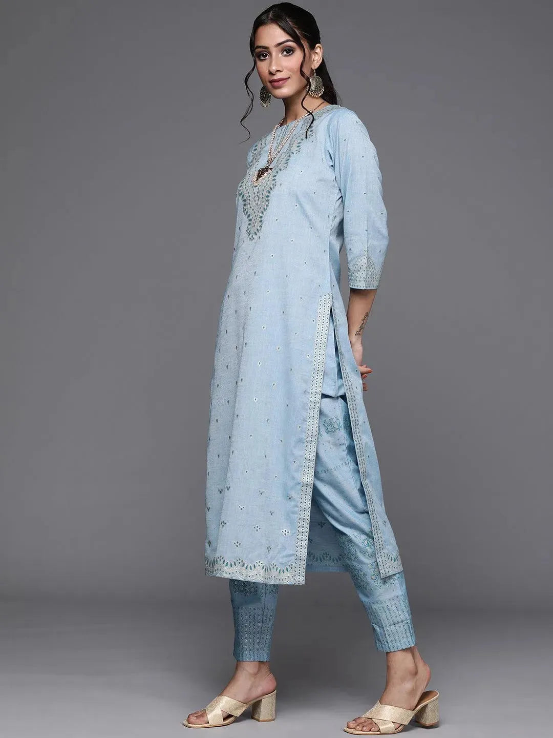 Blue Printed Cotton Suit Set - Libas