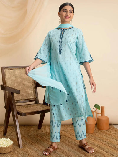 Blue Printed Cotton Suit Set - Libas