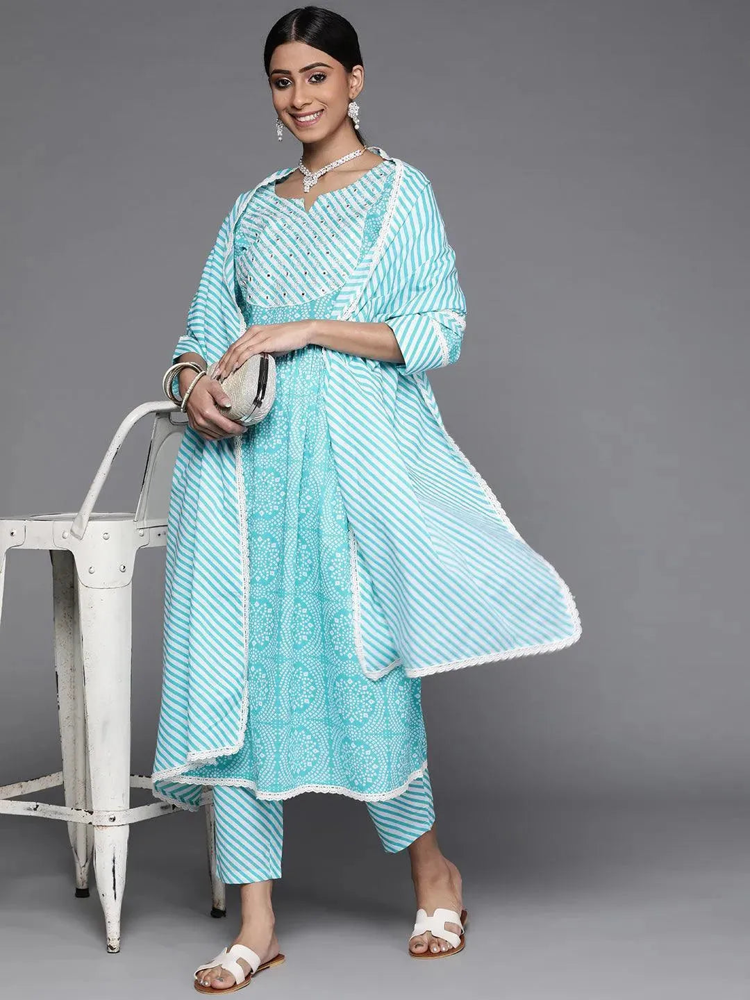 Blue Printed Cotton Suit Set - Libas 