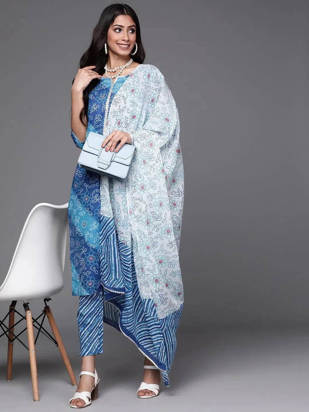 Blue Printed Cotton Suit Set - Libas