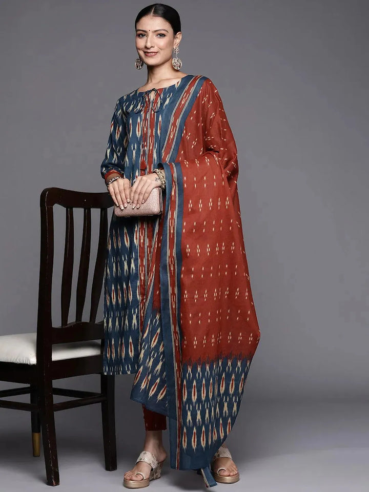 Blue Printed Cotton Straight Suit Set - Libas