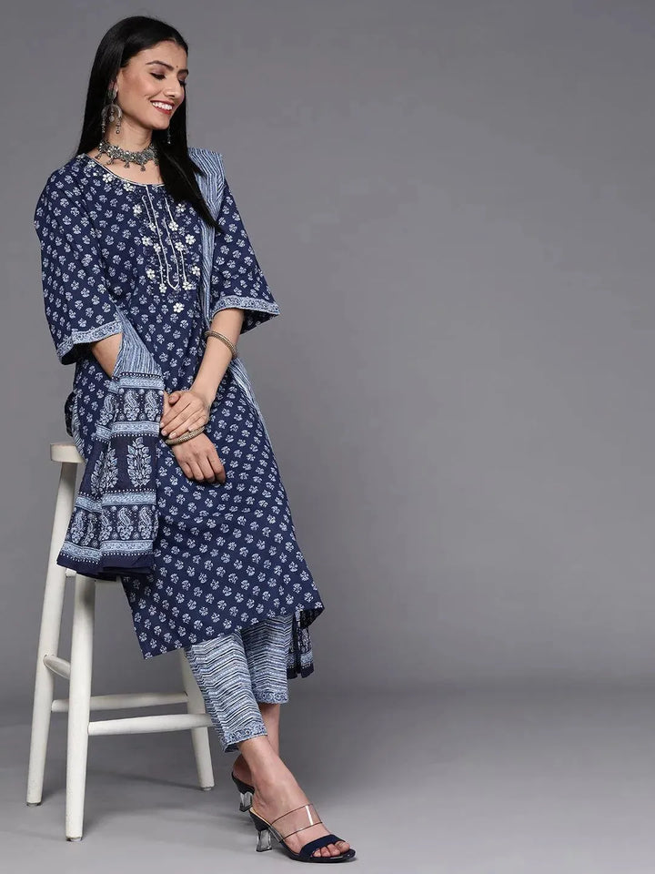 Blue Printed Cotton Suit Set - Libas