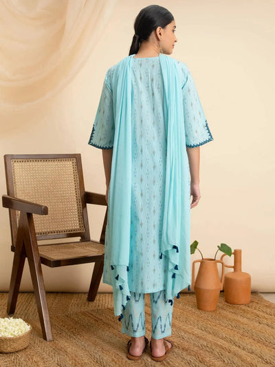 Blue Printed Cotton Suit Set - Libas