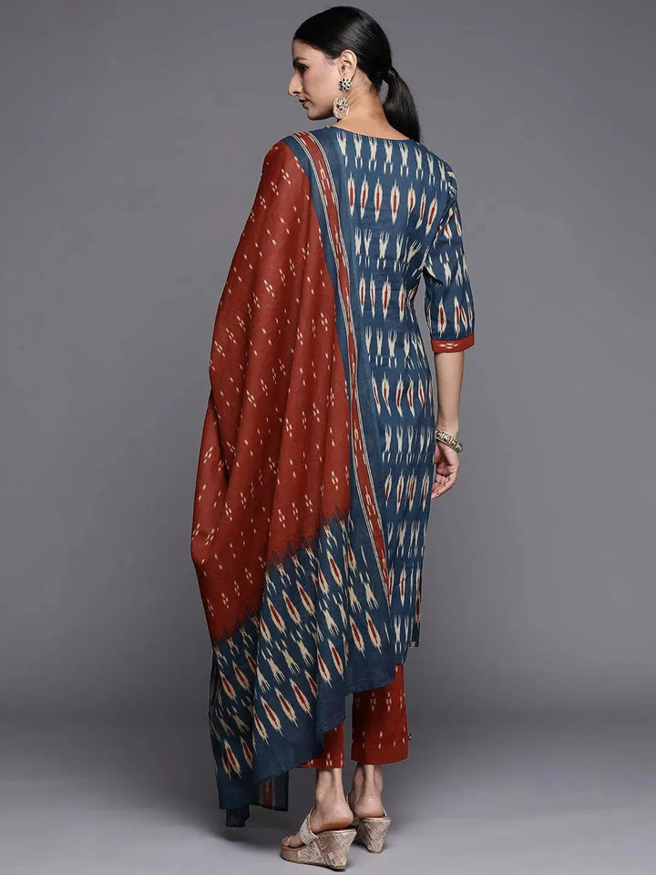 Blue Printed Cotton Straight Suit Set - Libas