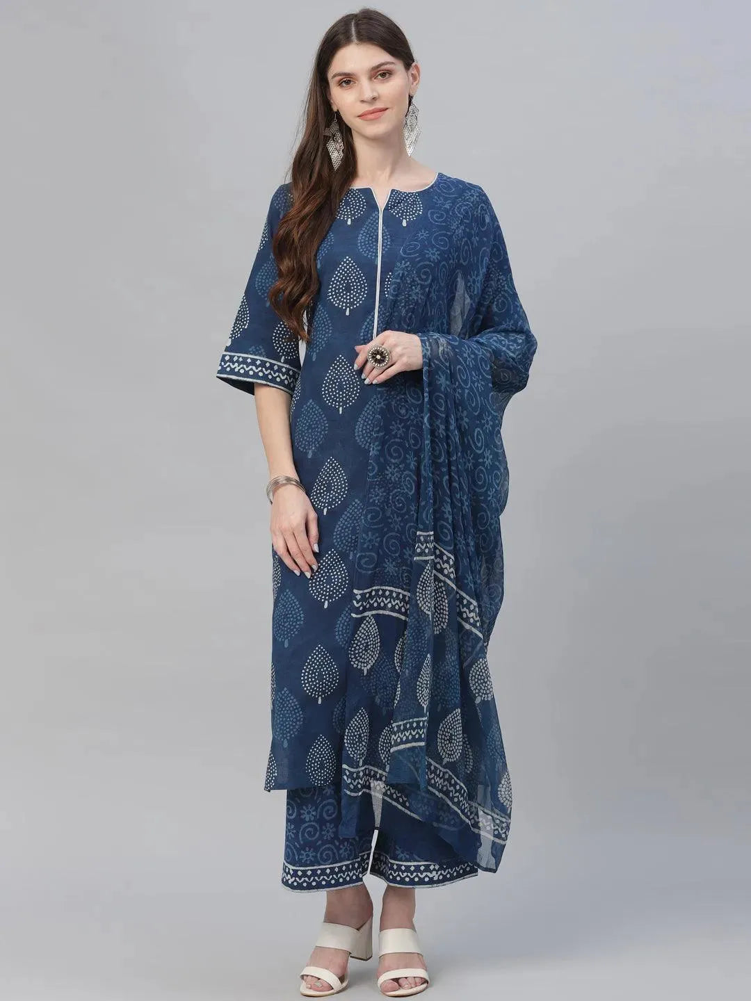 Blue Printed Cotton Suit Set - Libas