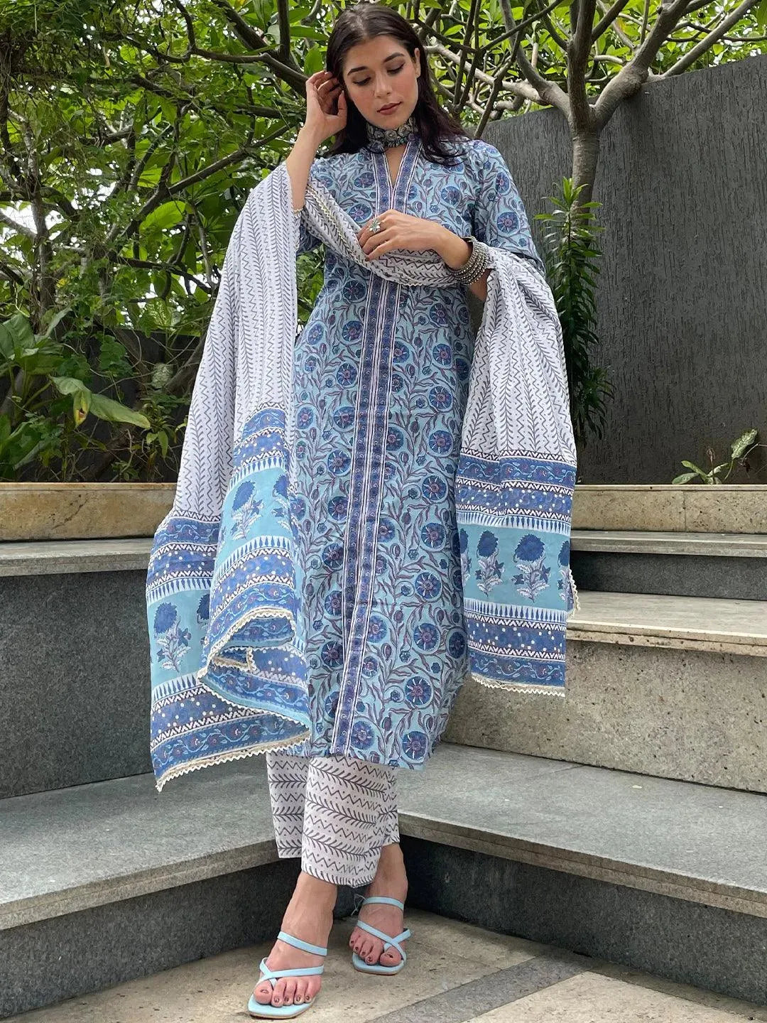 Blue Printed Cotton Suit Set - Libas