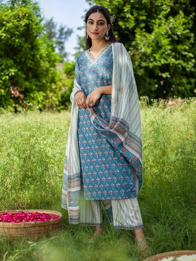 Blue Printed Cotton Suit Set - Libas