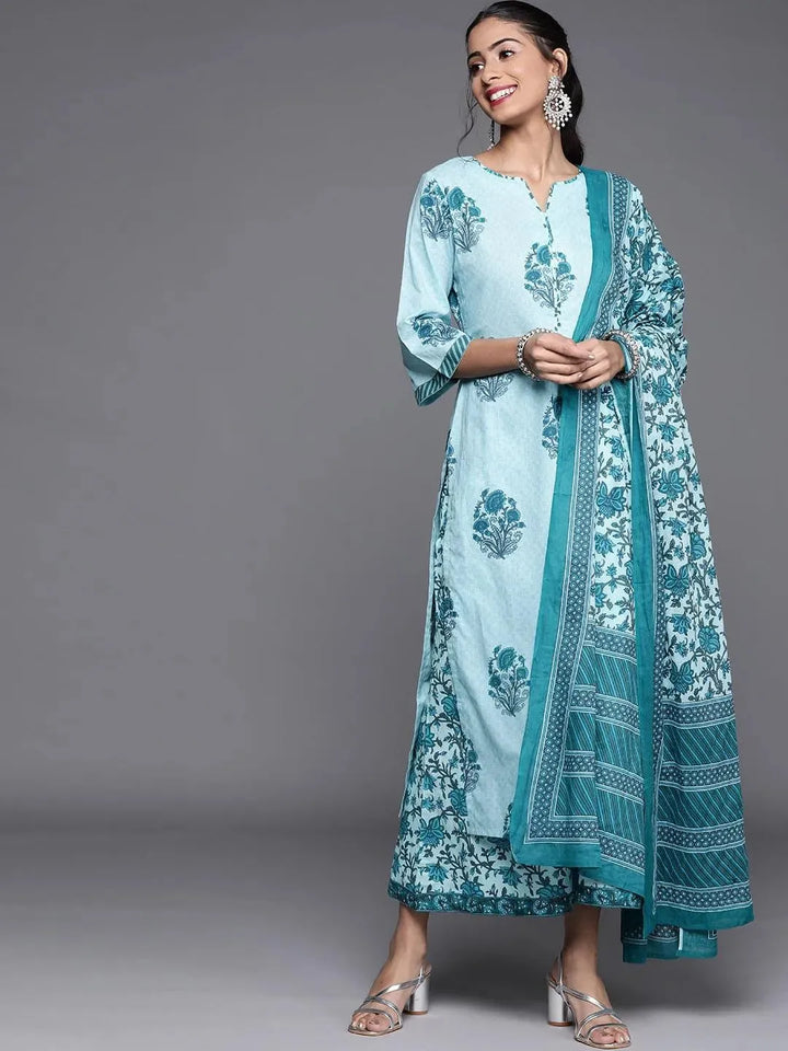 Blue Printed Cotton Suit Set - Libas