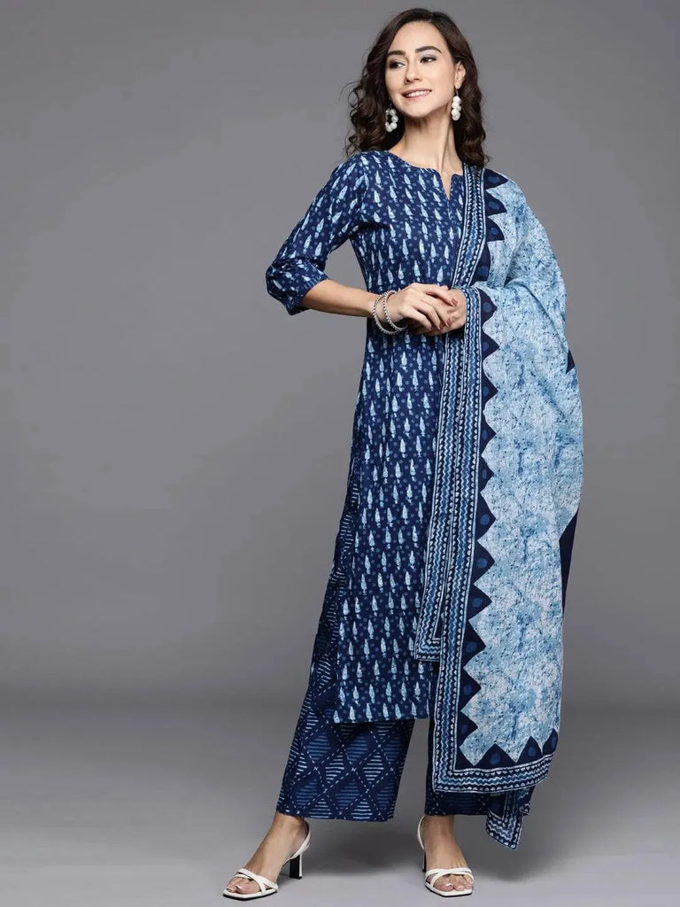 Libas Blue Printed Cotton Straight Kurta With Palazzos & Dupatta