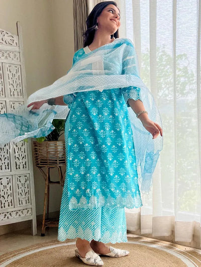 Blue Printed Cotton Suit Set - Libas