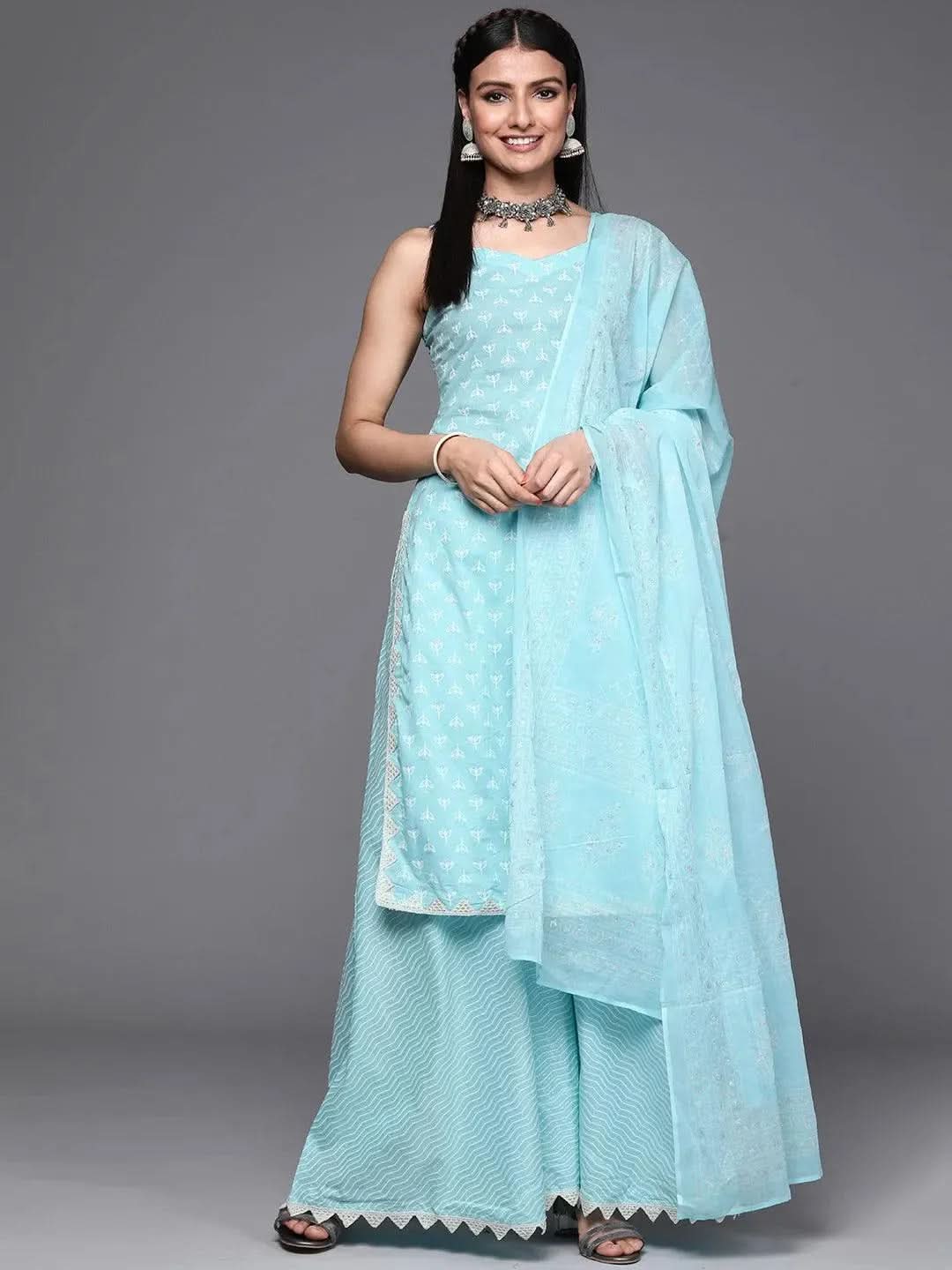 Babyhug Woven Sleeveless Kurti Palazzo Set with Dupatta Lace Detailing & Mirror Work - Light Blue & White