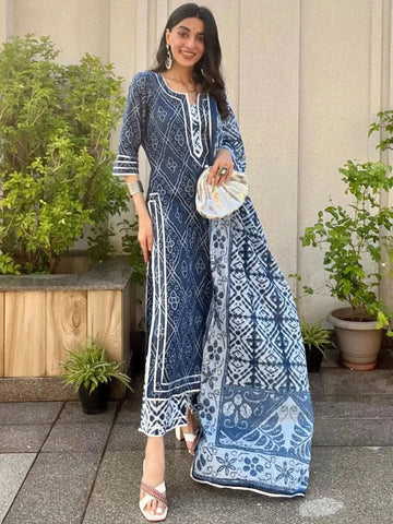 Blue Printed Cotton Straight Kurta With Palazzos & Dupatta