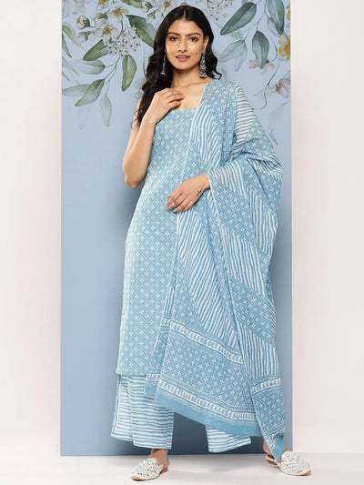 Blue Printed Cotton Straight Suit Set With Palazzos - Libas