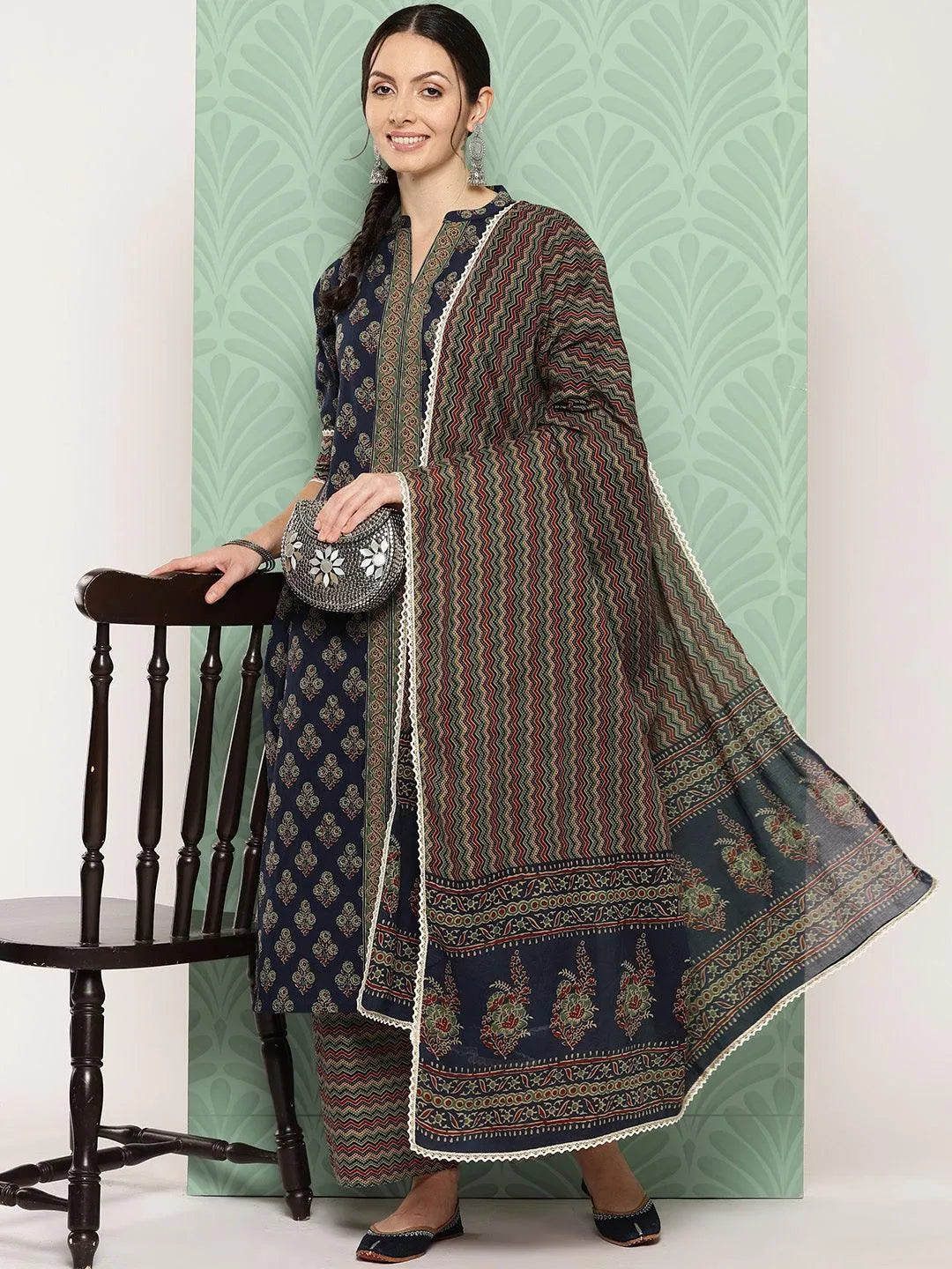 Blue Printed Cotton Straight Kurta With Palazzos & Dupatta - Libas 