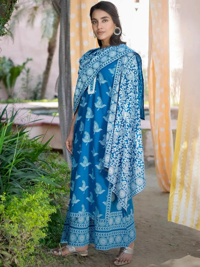 Blue Printed Cotton Suit Set - Libas