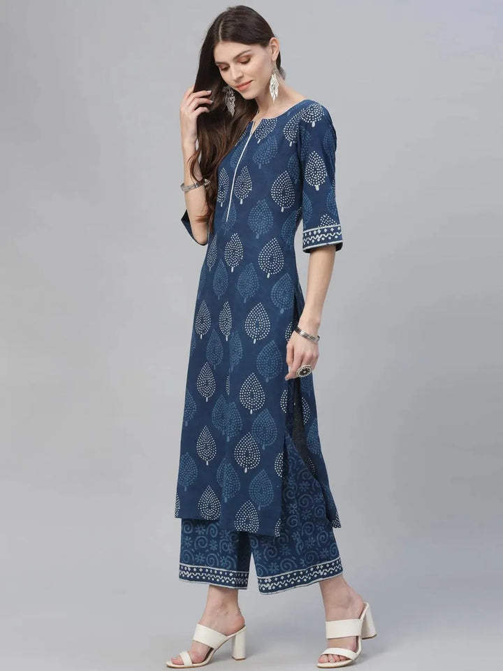 Blue Printed Cotton Suit Set - Libas