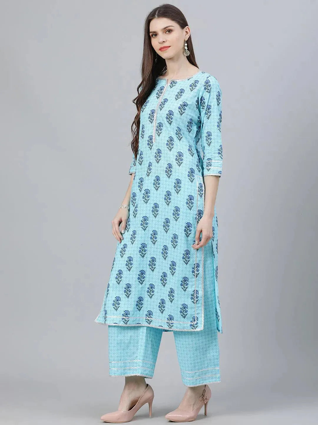 Buy Blue Printed Cotton Straight Kurta With Palazzos & Dupatta Online ...