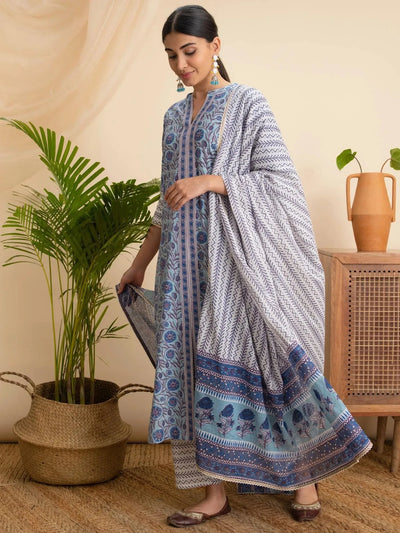 Blue Printed Cotton Suit Set - Libas