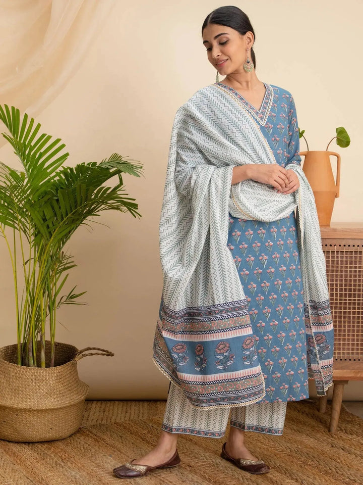 Blue Printed Cotton Suit Set - Libas