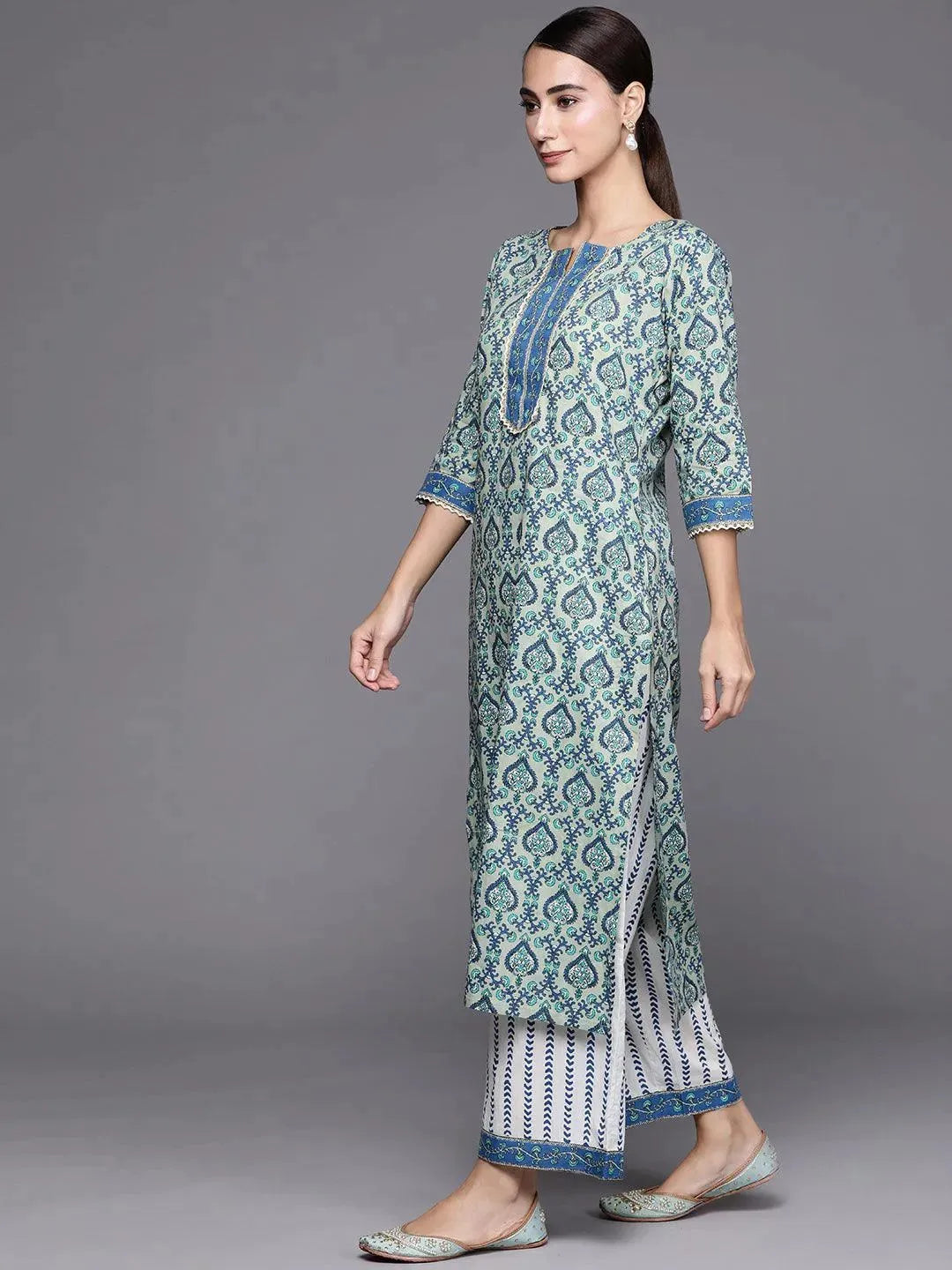 Blue Printed Cotton Suit Set - Libas 