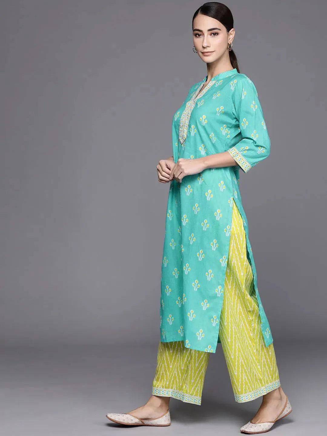 Blue Printed Cotton Suit Set - Libas 