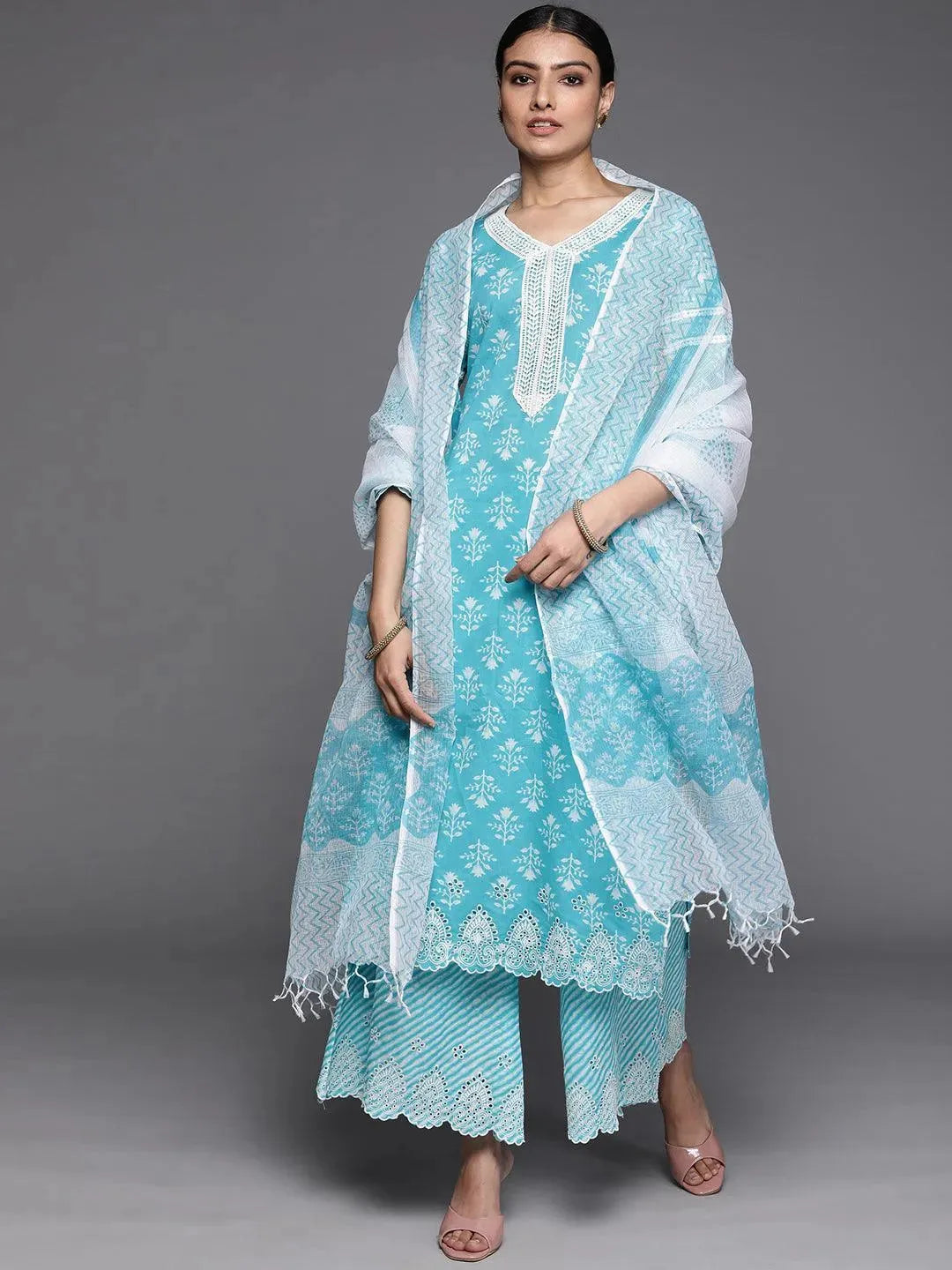 Blue Printed Cotton Suit Set - Libas 