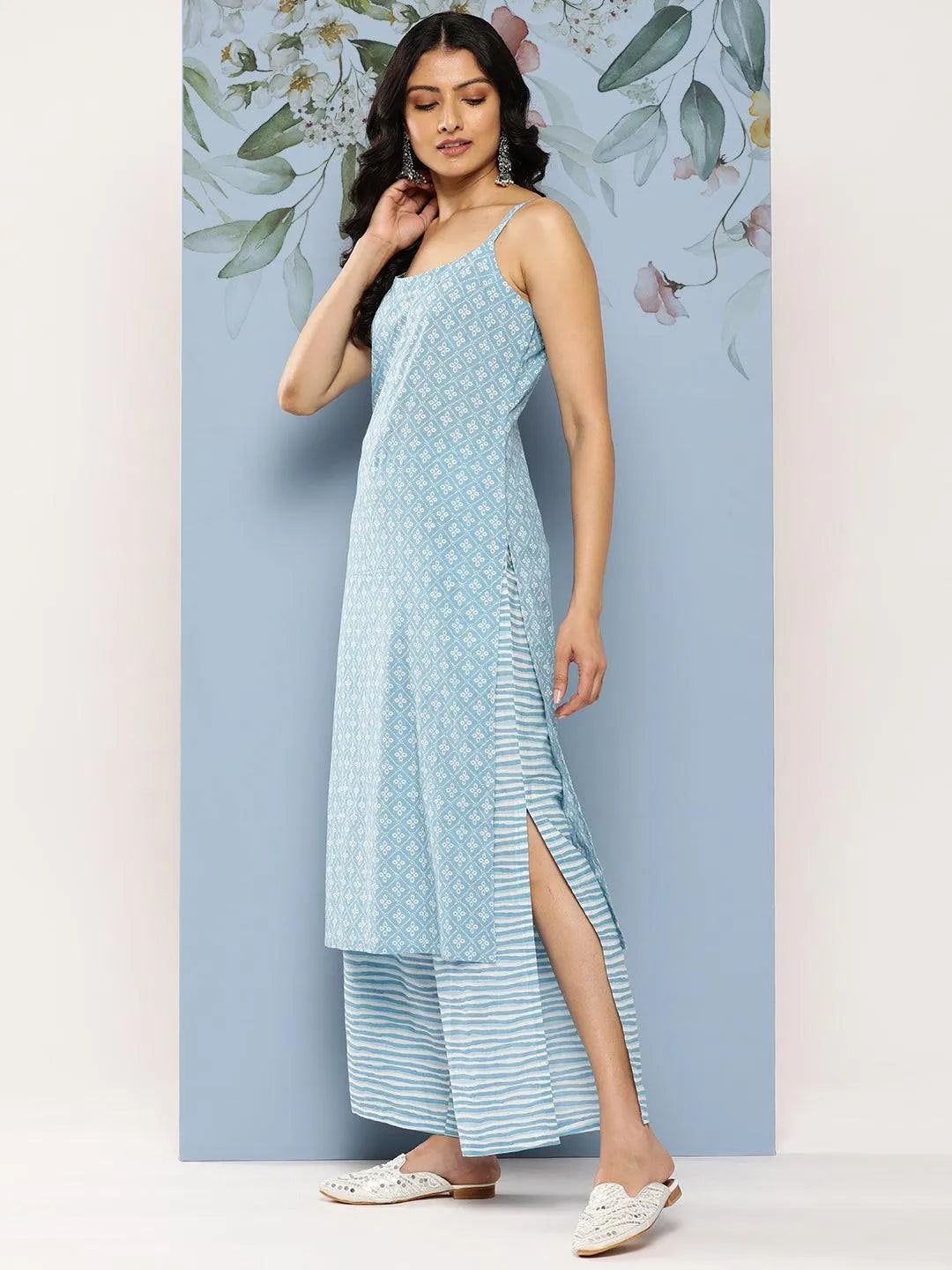 Blue Printed Cotton Straight Suit Set With Palazzos - Libas