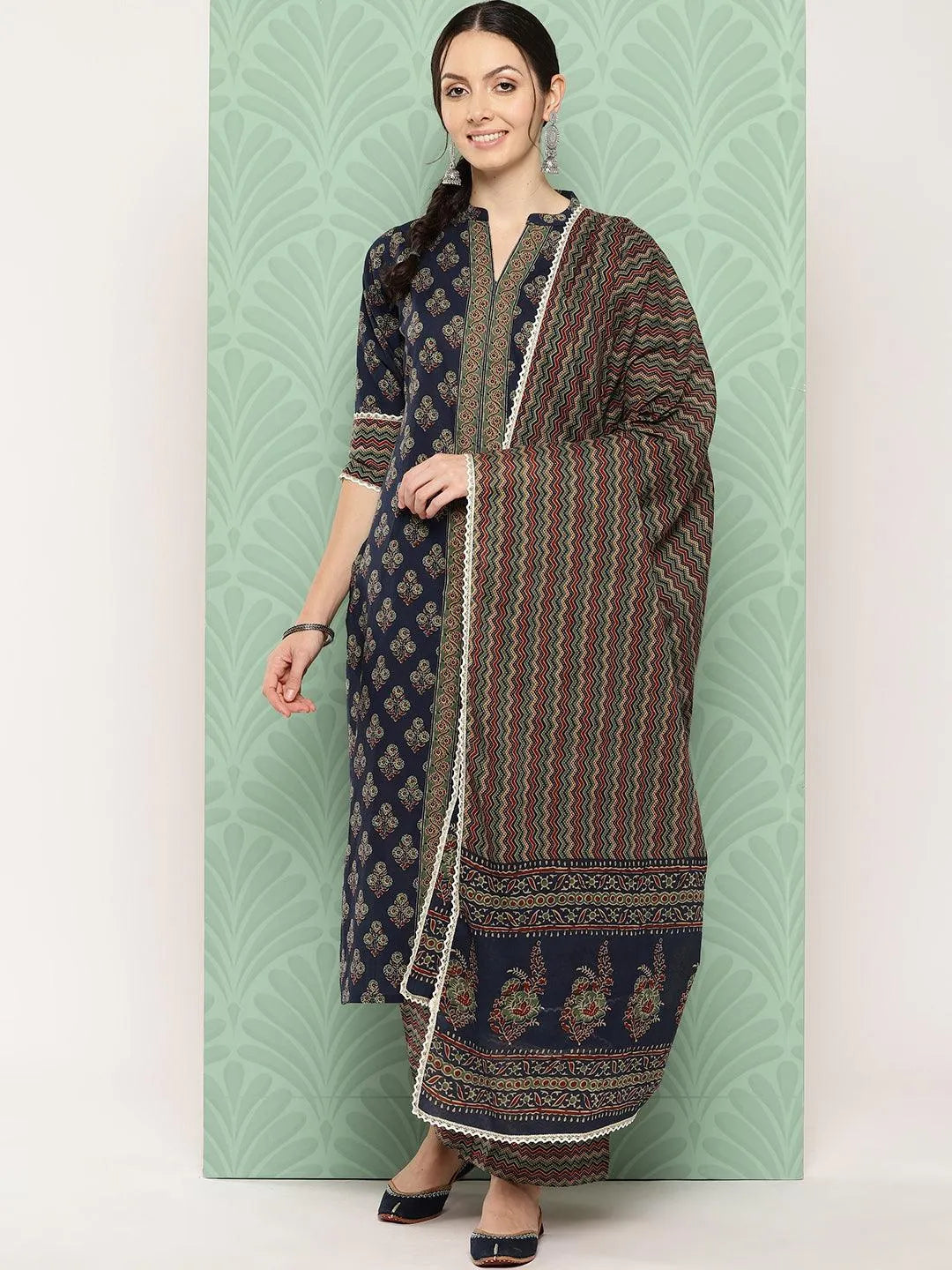 Blue Printed Cotton Straight Kurta With Palazzos & Dupatta - Libas 