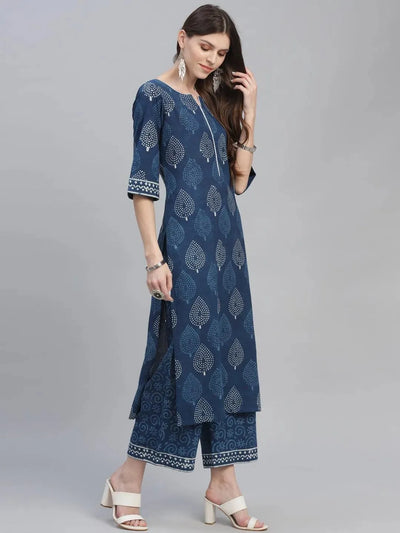 Blue Printed Cotton Suit Set - Libas