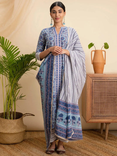 Blue Printed Cotton Suit Set - Libas