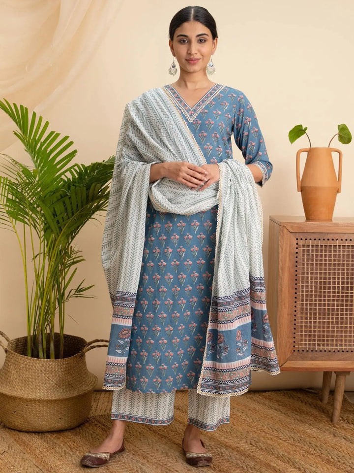 Blue Printed Cotton Suit Set - Libas