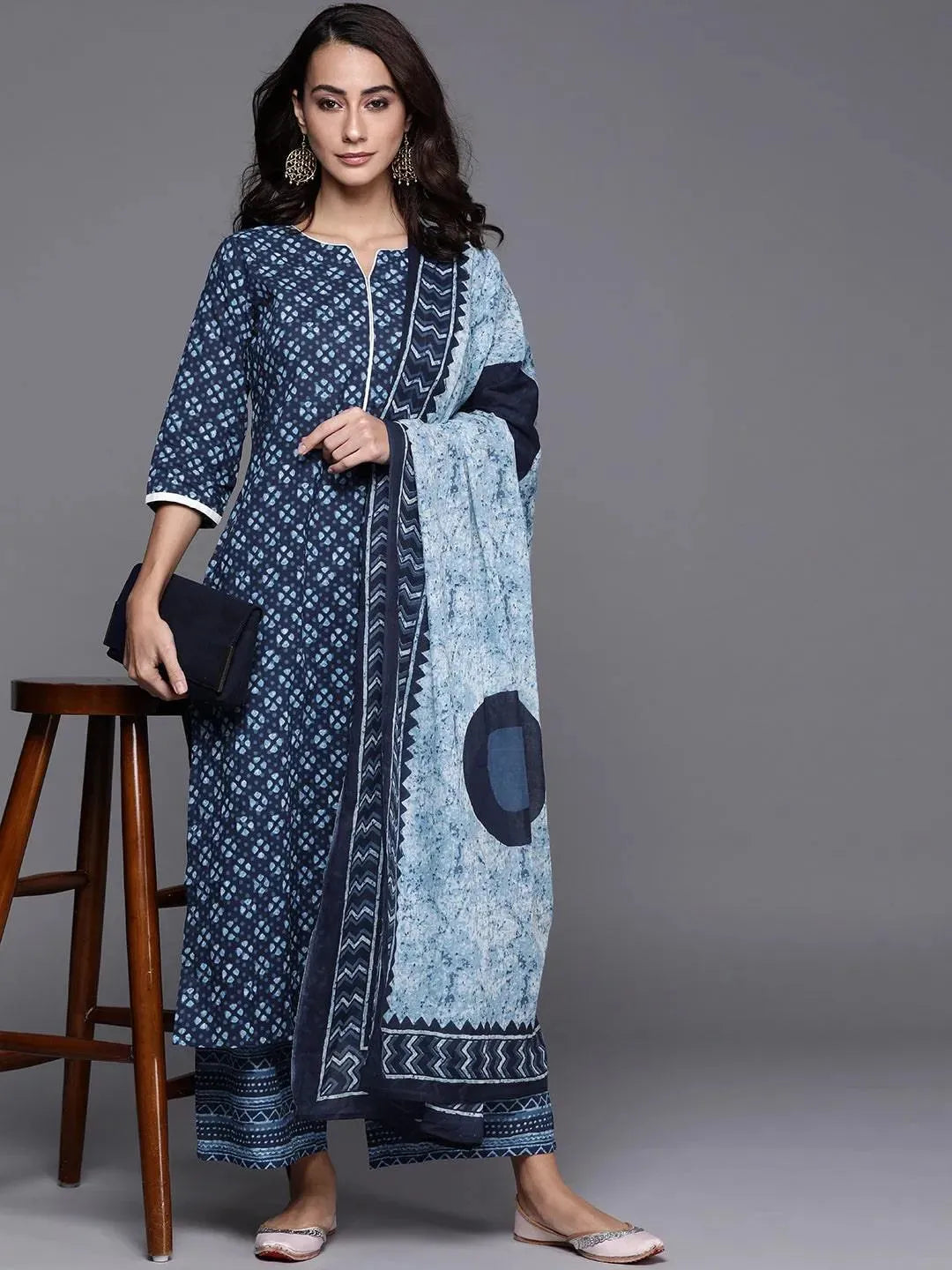 Blue Printed Cotton Suit Set - Libas