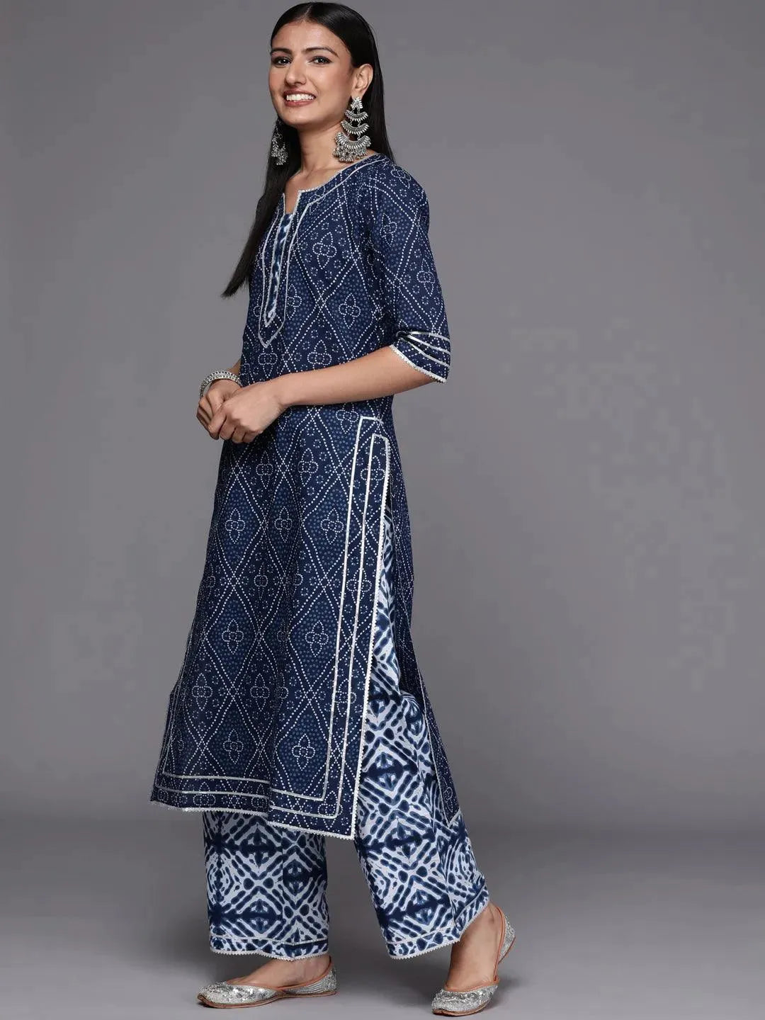 Blue Printed Cotton Straight Suit Set - Libas 